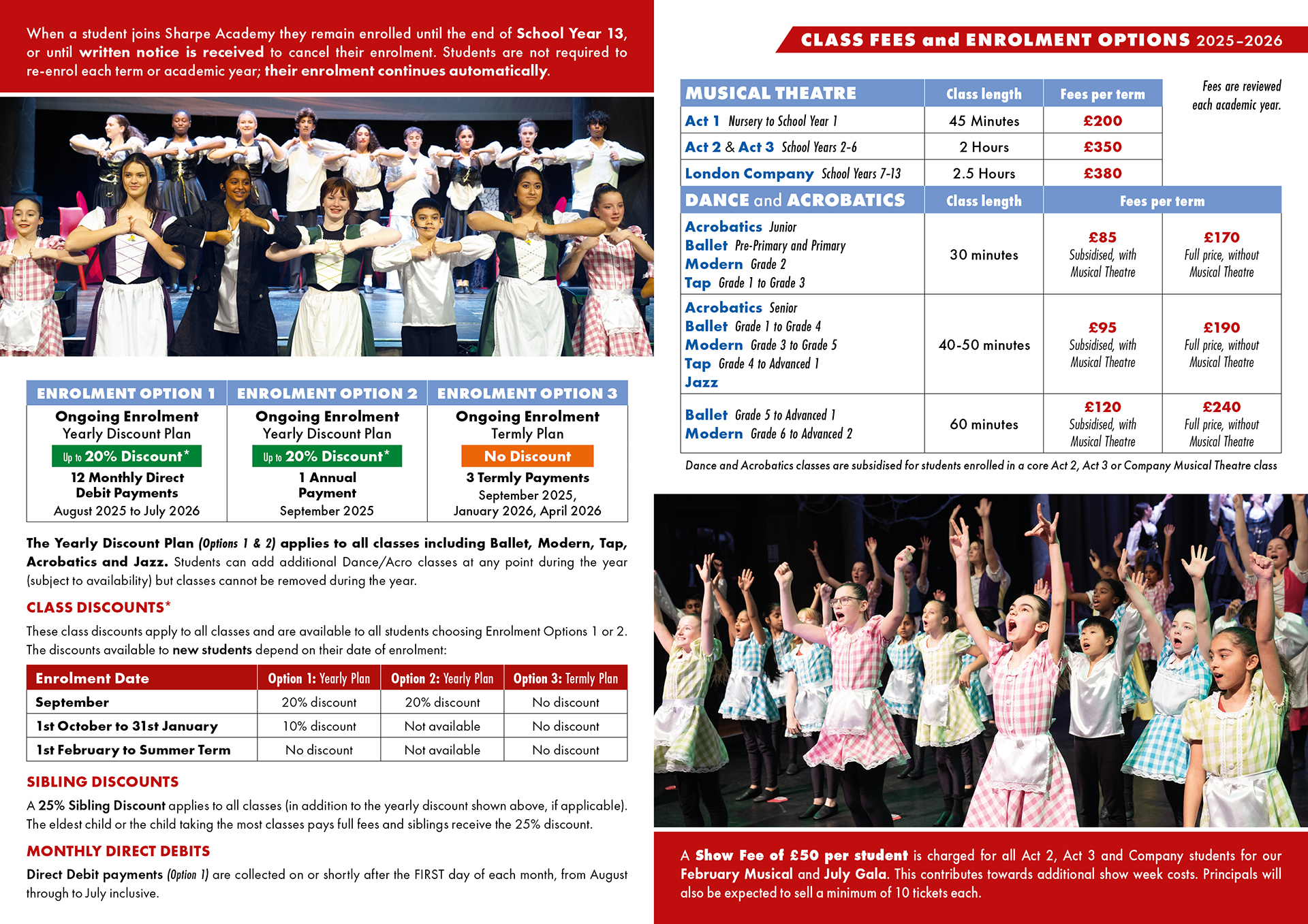 This image provides a graphical display of the 2025-2026 class fees and payment options for Sharpe Academy's part-time classes. This information is also available within the downloadable PDF found on this page.