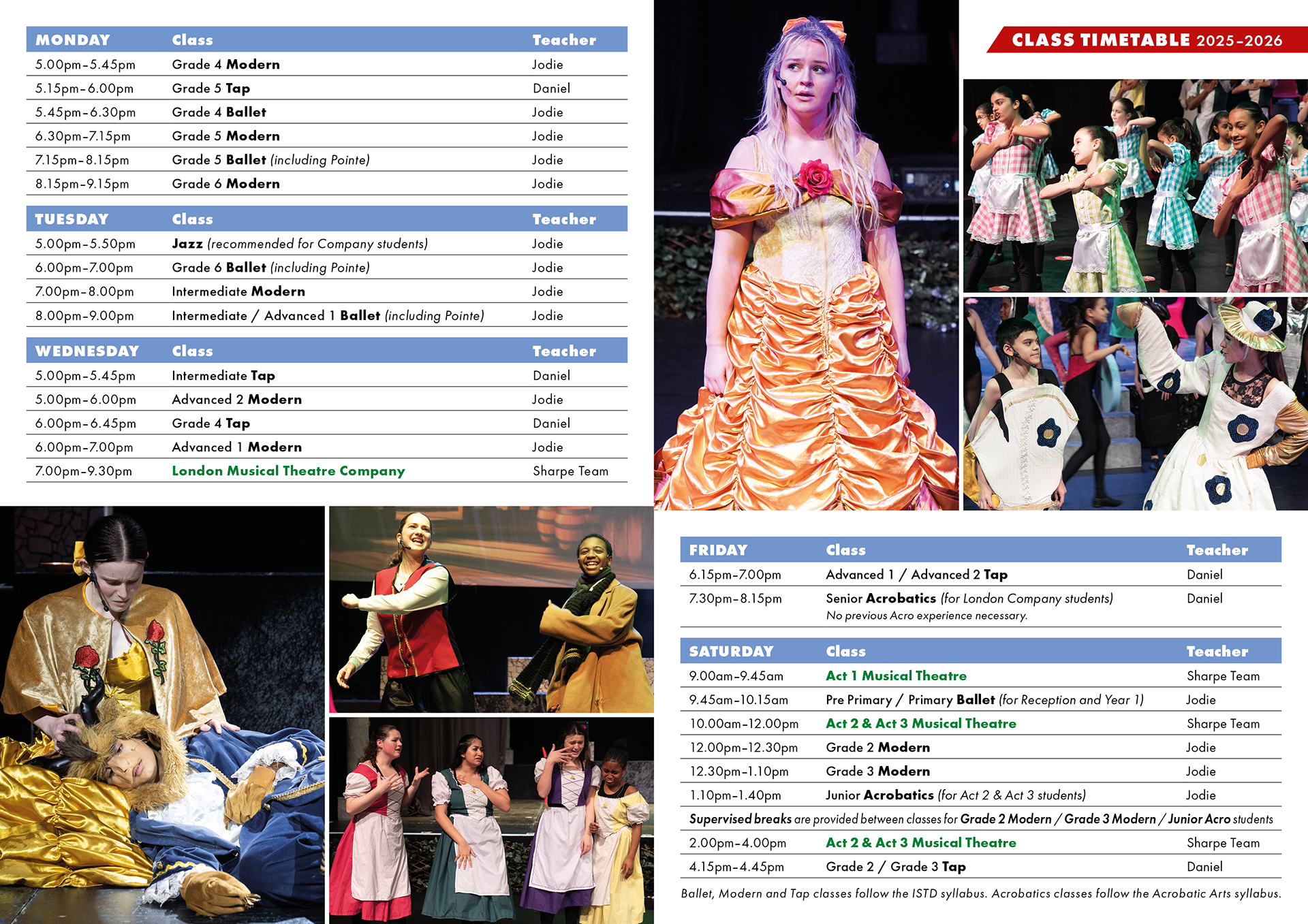 This image provides a graphical display of the 2025-2026 class timetable for Sharpe Academy's part-time classes. This information is also available within the downloadable PDF found on this page.